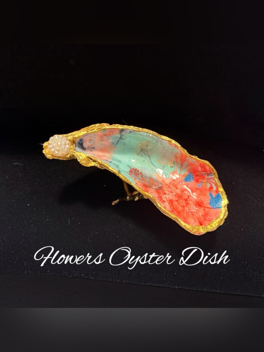 Hand-Painted Coral & Aqua Oyster Dish with Gold Trim